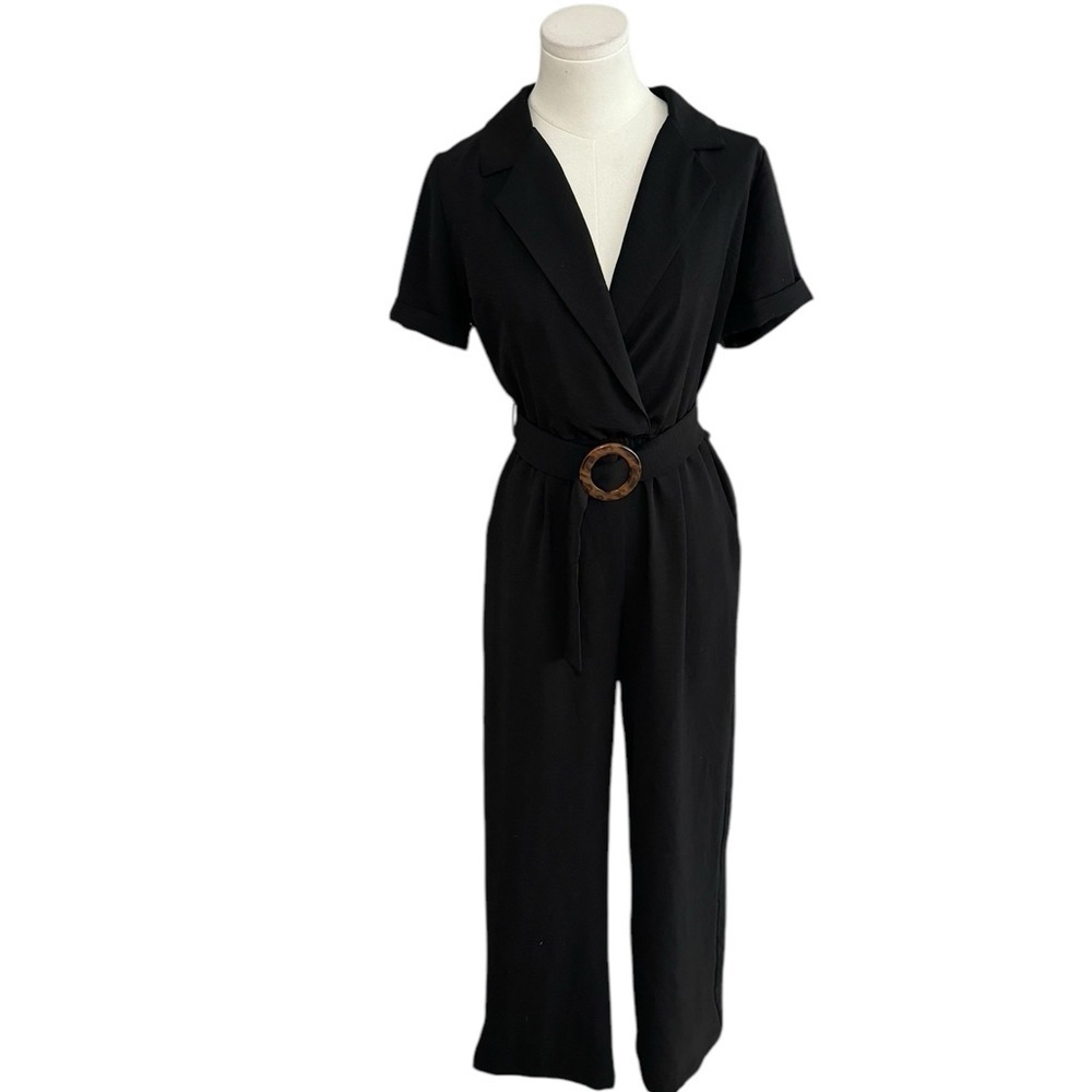 MONTEAU Black Jumpsuit Romper Tortoise Belt Short Sleeve Size XS Resort Vacation